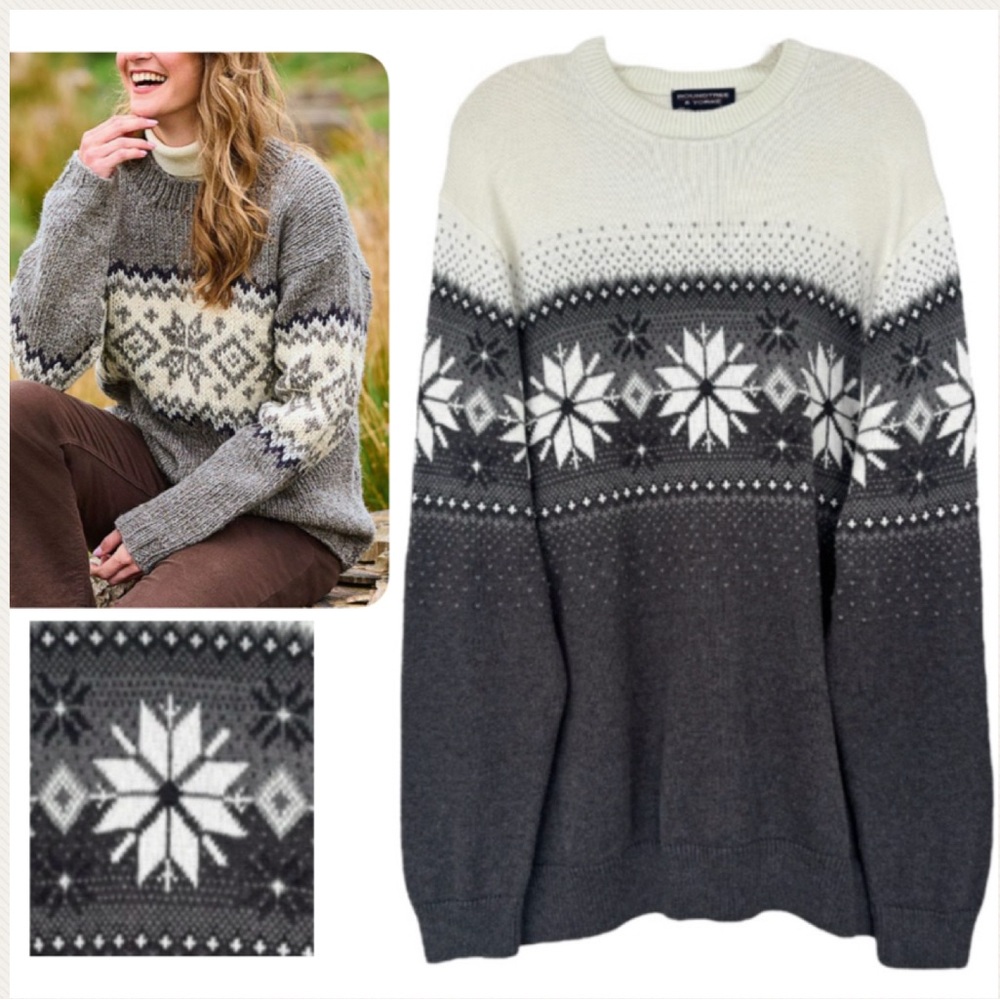Vintage Fair Isle Sweater Nordic Winter Snowflake Cotton Knit Gray Size Large
